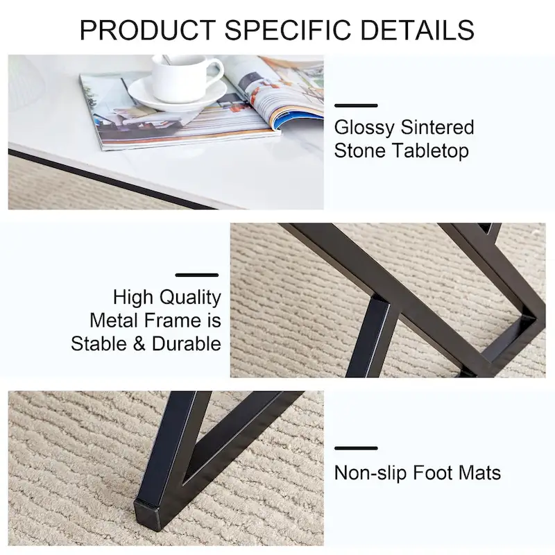 47 Modern Rectangular Coffee Table with Sintered Stone Tabletop and X-shaped Metal Legs