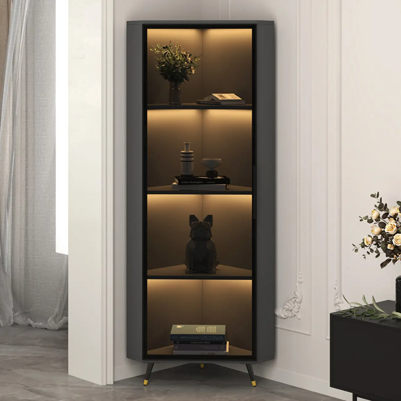 Modern Glam White-Gold Wood Glass Display Cabinet