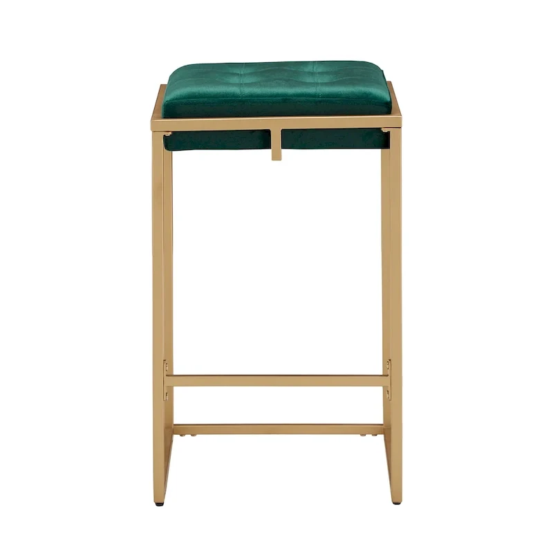 Backless Velvet Button-Tufted Bar Stool with Gold Metal Base & Footrest – Beige / Blue / Green, Counter / Bar Height