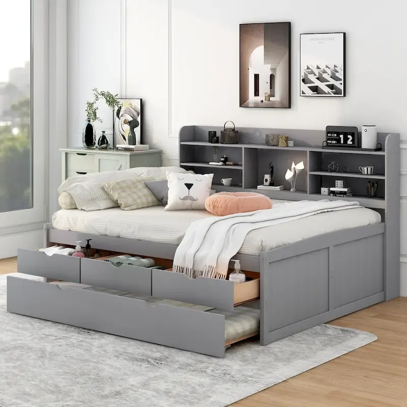 Full Size Storage Bed with Bookcase Headboard and Trundle