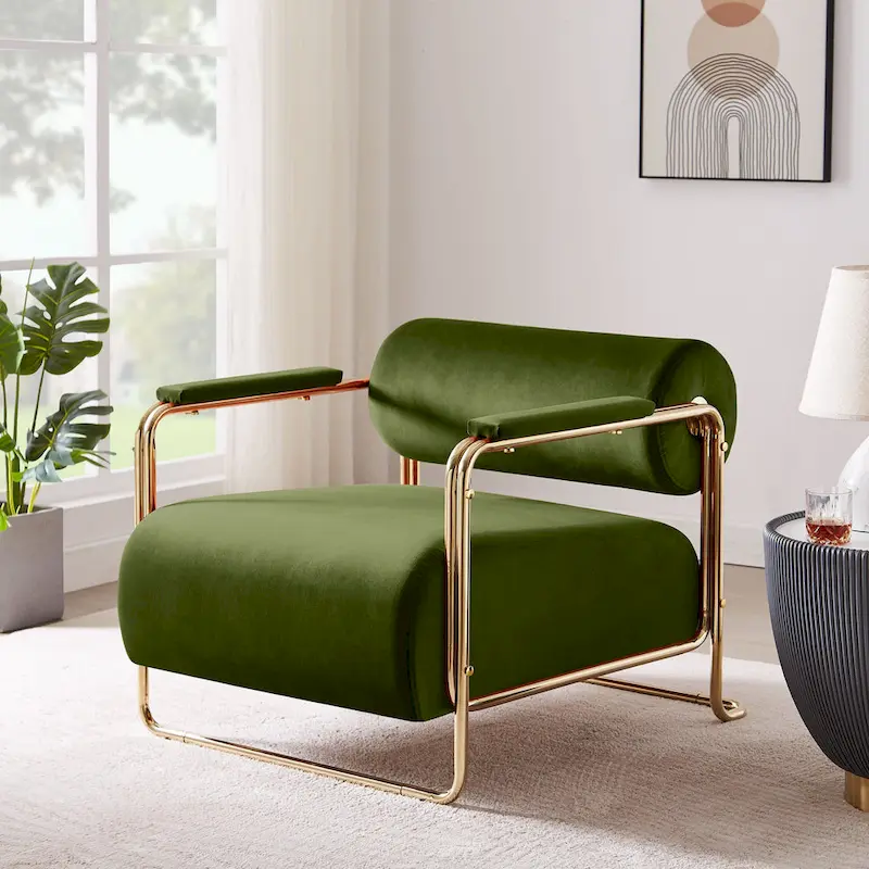 VANOMi 31 Wide Futuristic Velvet Armchair With Glossy Gold Frame Cylindrical Backrest