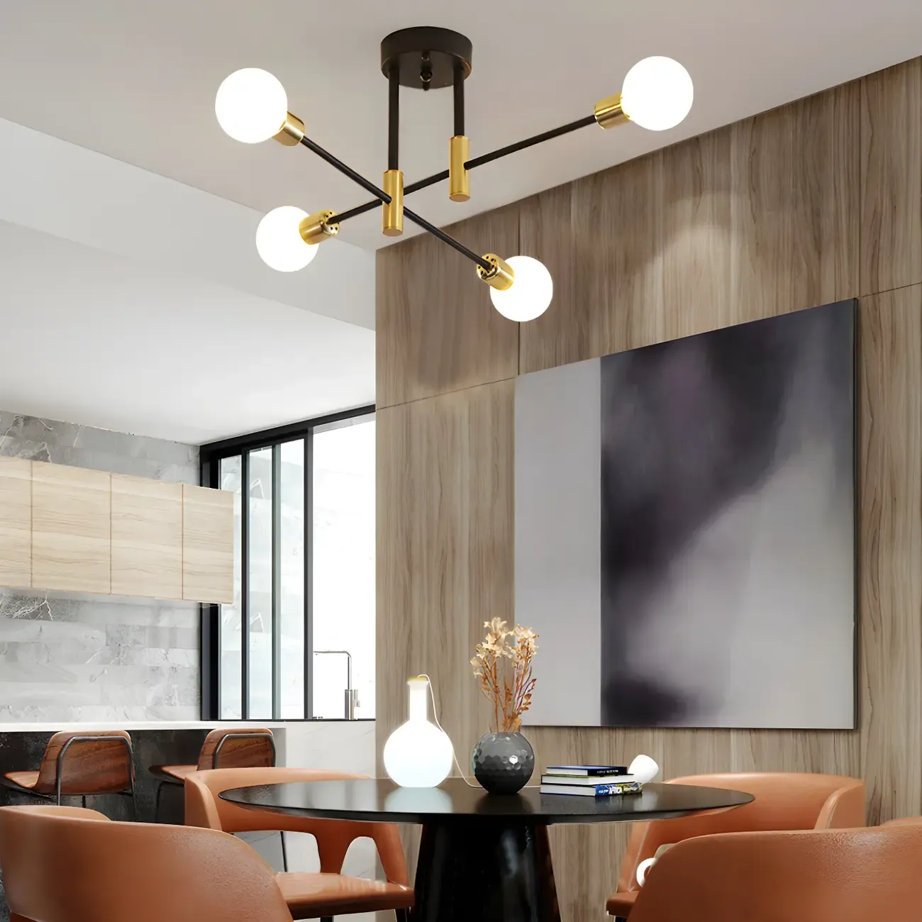 Modern Industrial Black Gold Sputnik Semi Flush Ceiling Light