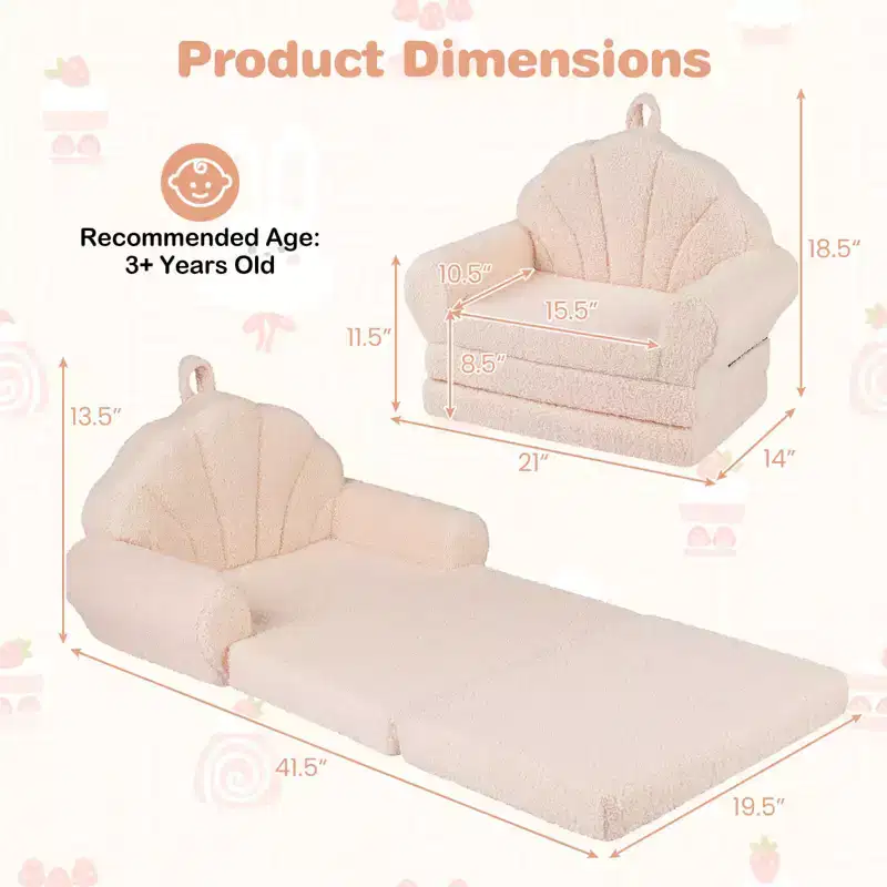 Costway Fold-out Kids Sofa 2-in-1 Convertible Toddler Couch & Lounger with Non-slip Base Beige/Green/Pink