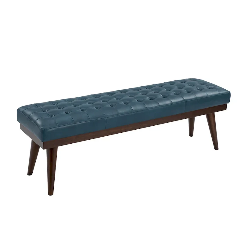 Genuine Leather Tufted Bench with Solid Wood Base