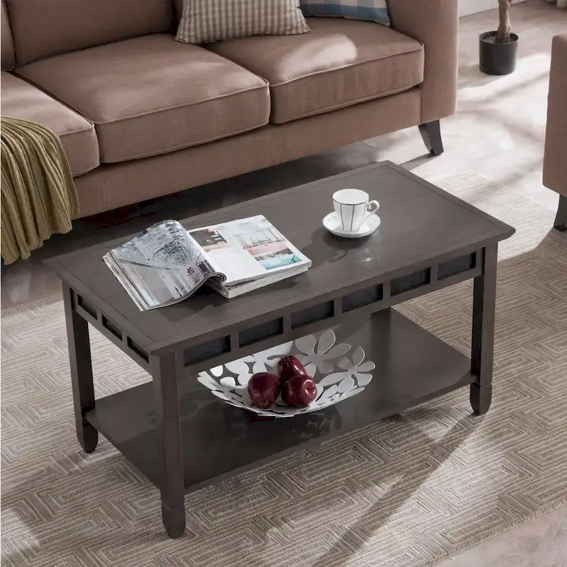Rustic Slate Coffee Table with Display Shelf – Solid Wood, Compact Size
