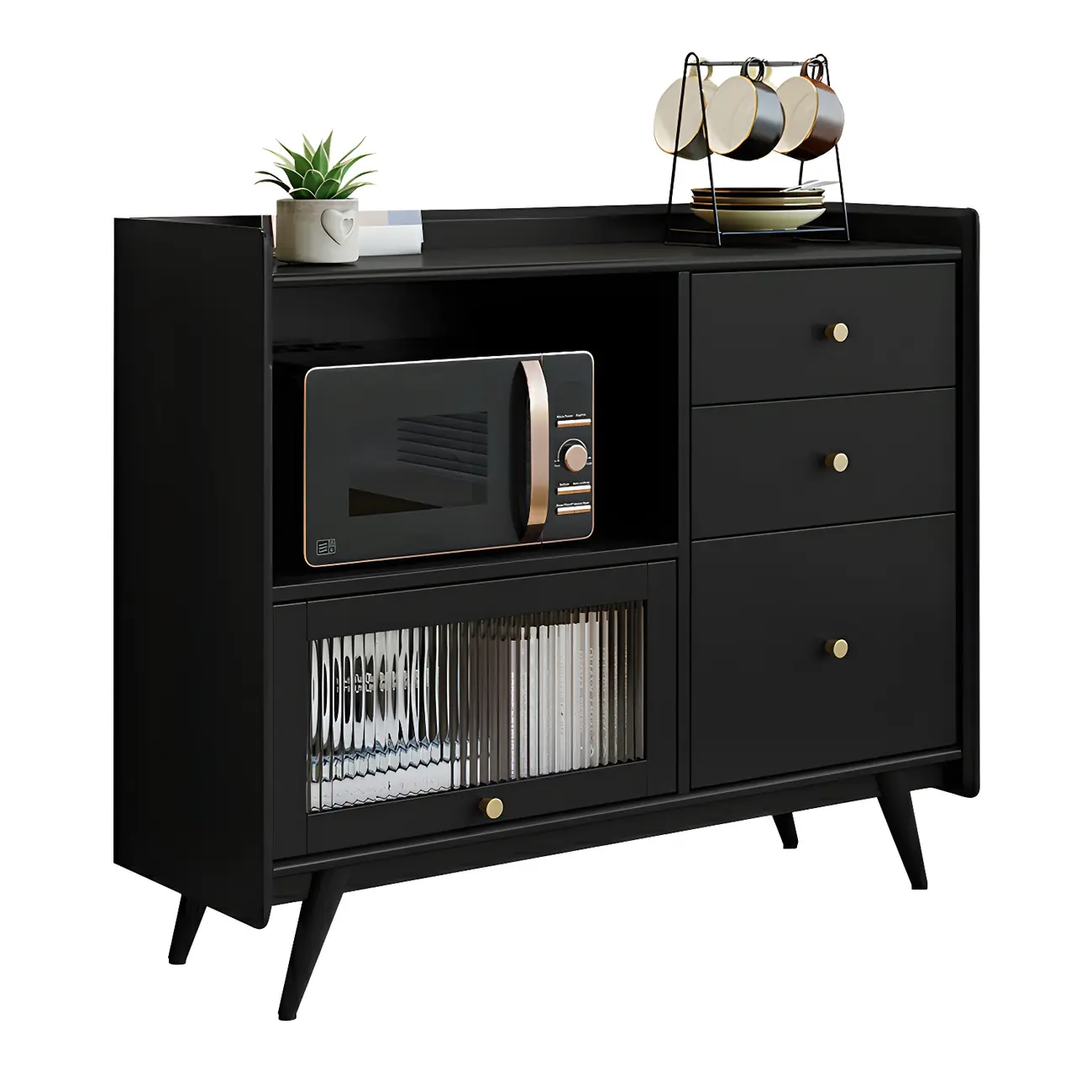 Modern Black Espresso Sideboard with Cabinets & Drawers
