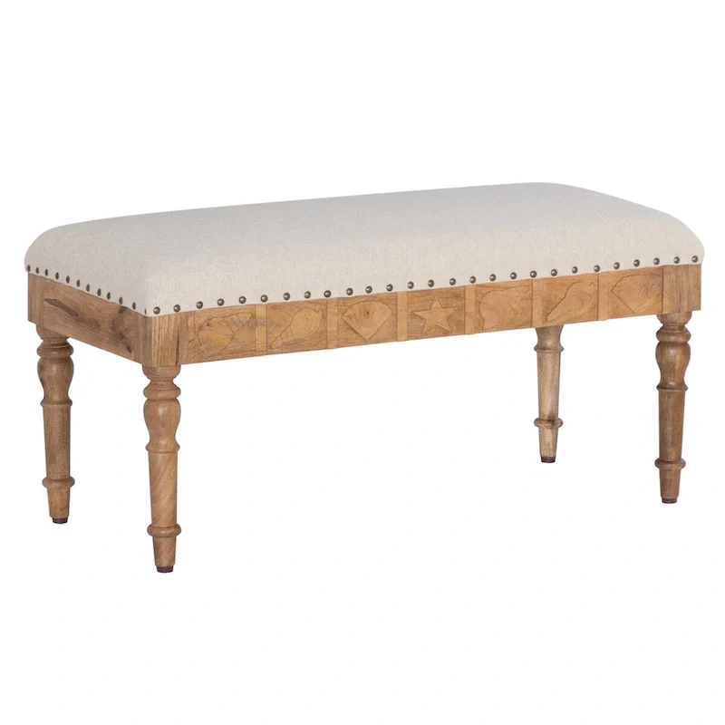 Seashell Upholstered Entryway Bench – Mango Wood, 400 lb Capacity