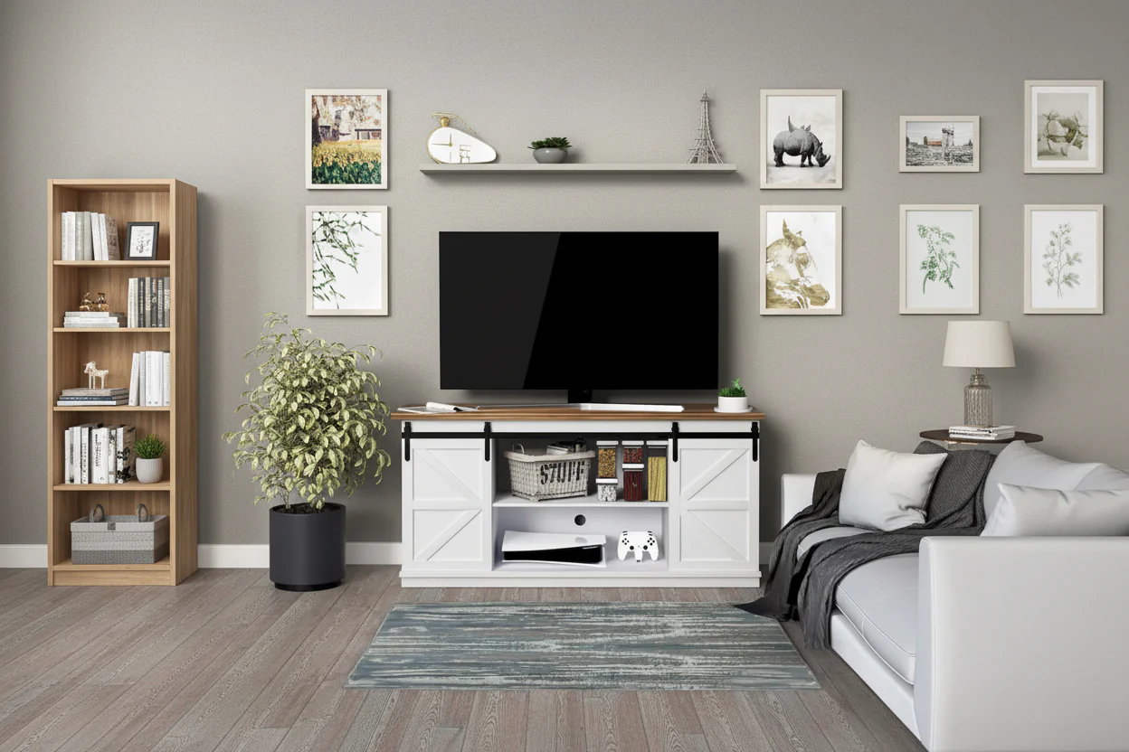 White / Espresso / Oak Farmhouse Barn Door TV Stand, 2-Shelf, Fits TVs up to 65