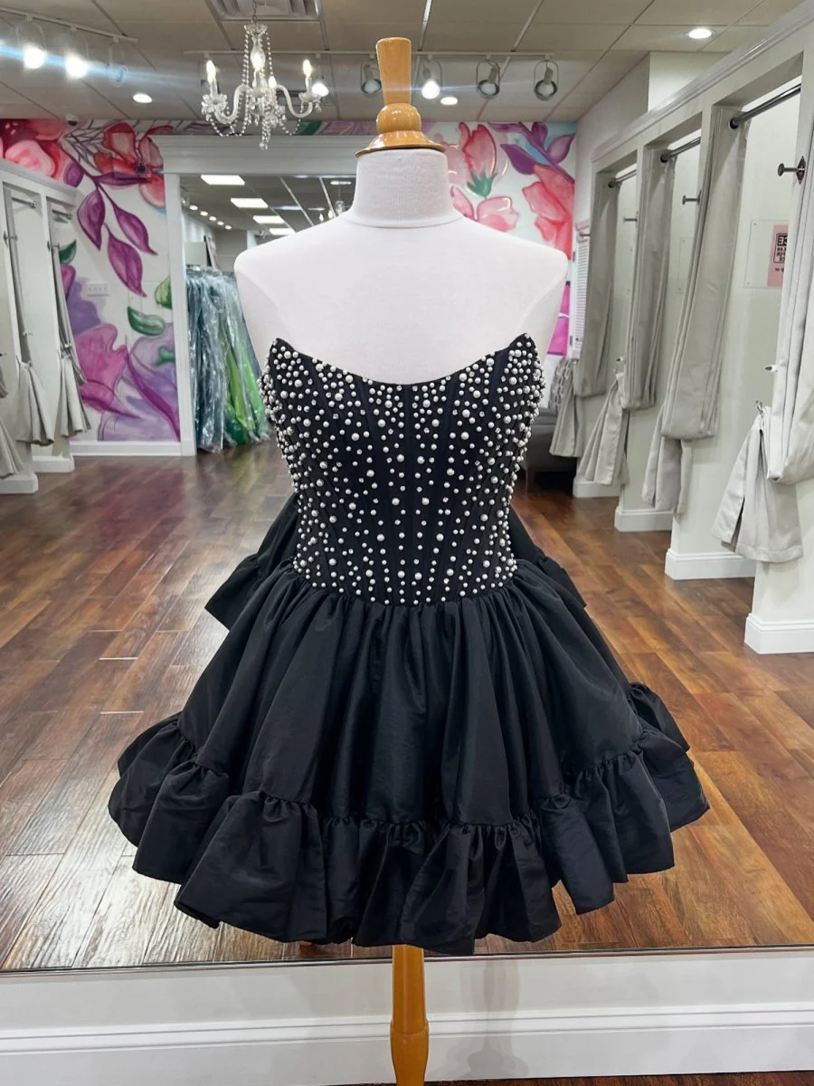 Black - Strapless A Line Satin Ruffles Homecoming Dresses With Pearls