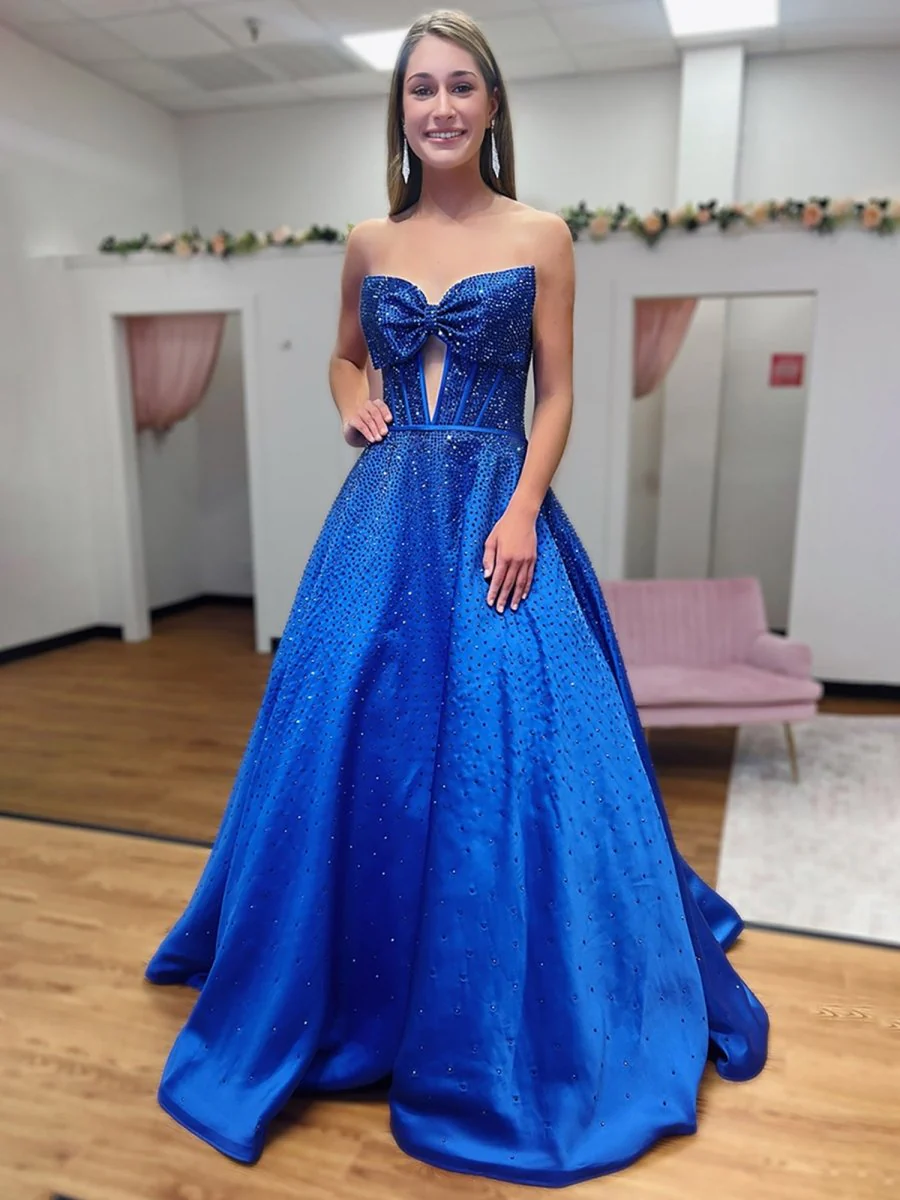 Navy Blue Strapless Satin Beaded A Line Long Prom Dresses With Bow