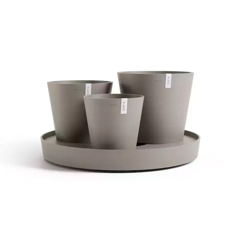 Ecopots Dubai Self Watering Durable Modern Round Indoor/Outdoor Recycled-Based Composite Flower Pot Planters w/Wheels and Saucer, Taupe, 22