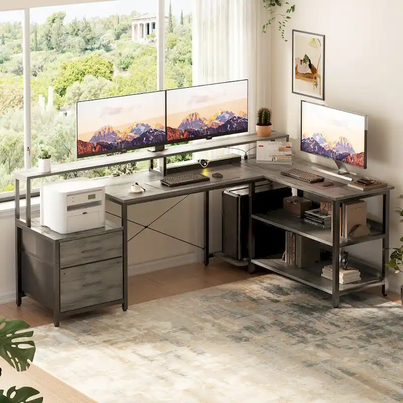 Multi-Color Reversible L-Shaped Desk with Monitor Stand, RGB LED & Charging Station – 1-Person