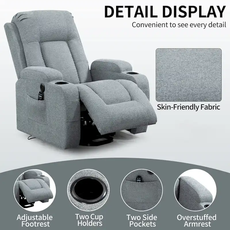 Power Lift Recliner with Massage, Lumbar Heating, USB Charging & Cup Holders, Modern Ergonomic Design