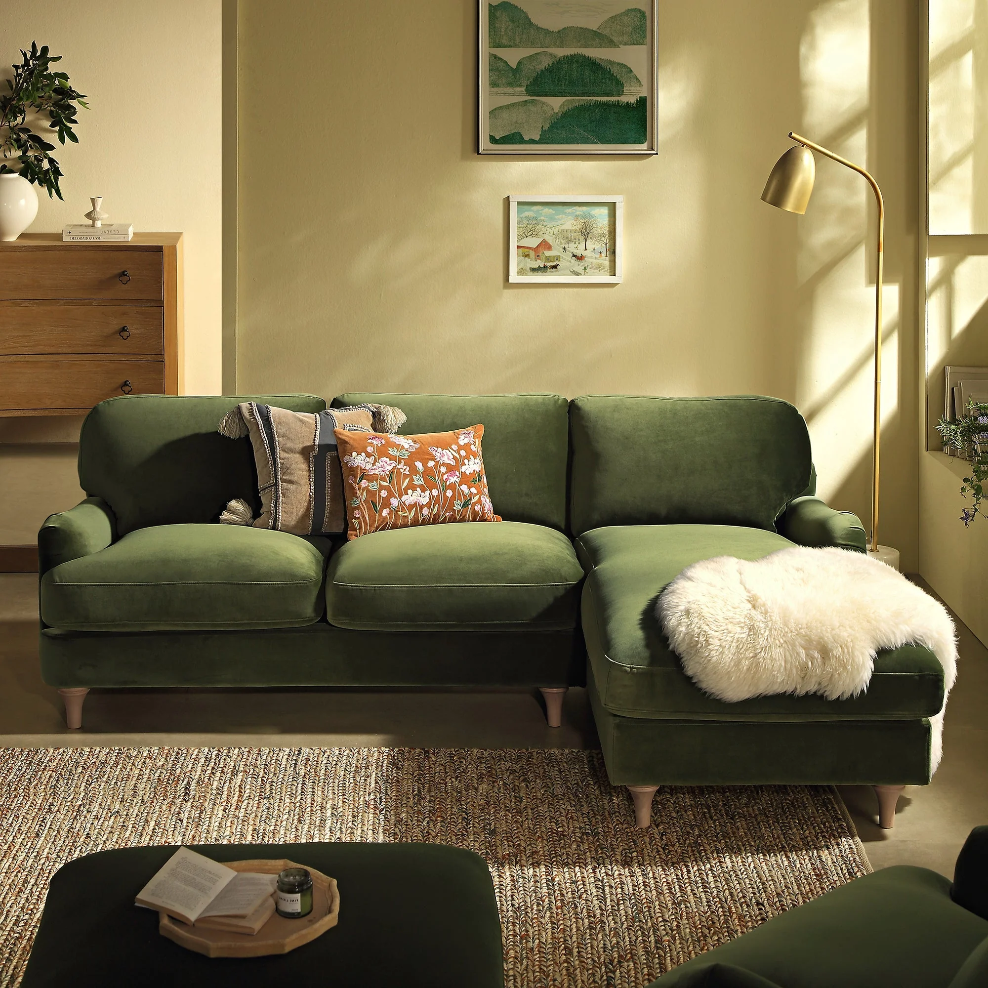 Fern Green Velvet Sofa, Grande Chaise Sofa Right Hand Facing
