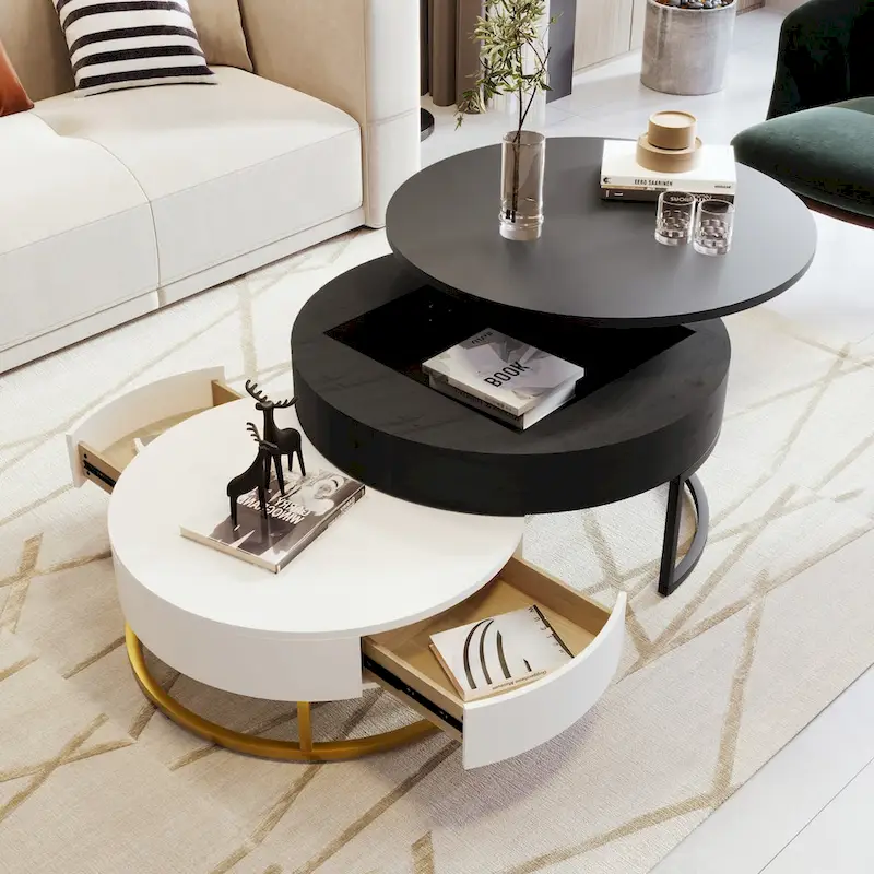 Modern Round Lift-Top Nesting Coffee Tables with 2 Drawers, Hydraulic Mechanism, MDF, White & Black