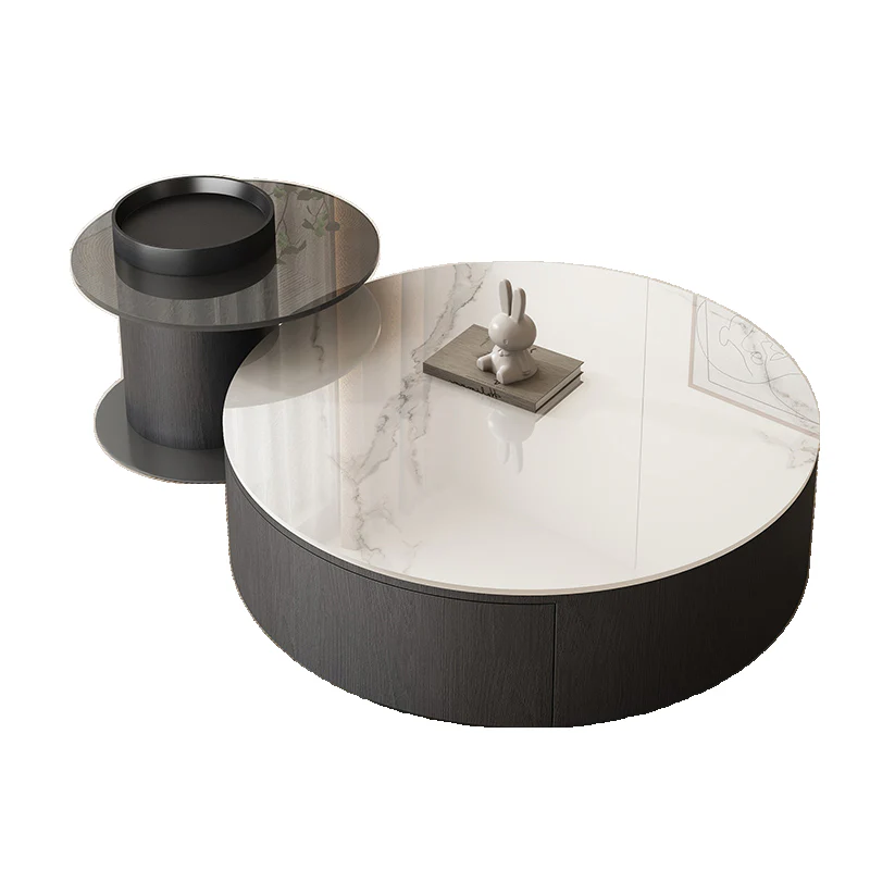 Black Modern Sleek Nesting Round Wood Drawer Coffee Table