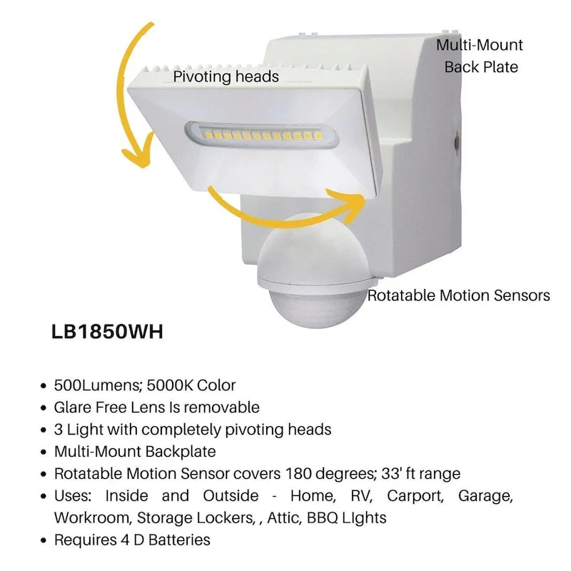 IQ America 500 Lumen Battery Operated LED Motion Security Flood Light, Wall Eave Mount