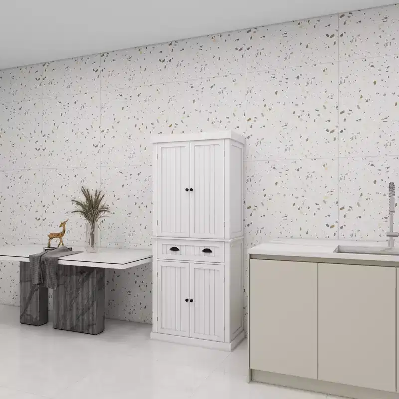 AndMakers White Wood 29.92 in. Pantry Cabinet with Doors and DrawersAdjustable Shelves