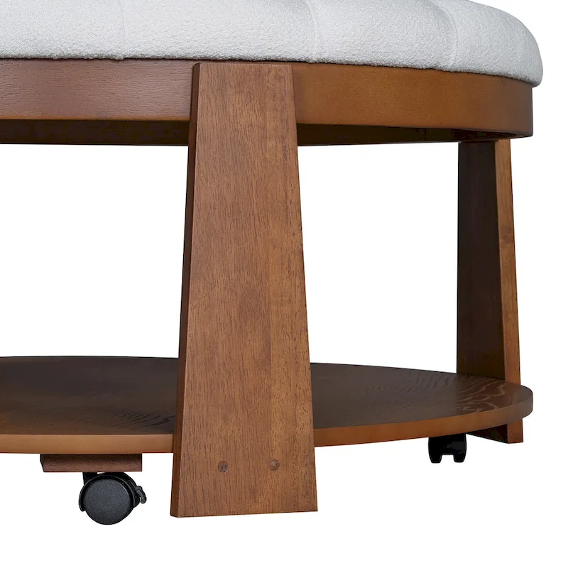 36 Round Button Tufted Upholstered Coffee Table with Wood Shelf and Wheel