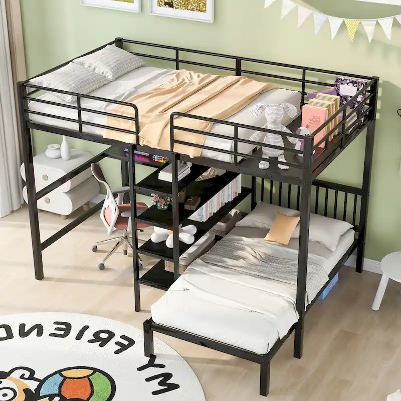 Full Over Twin Metal Bunk Bed with Desk & Shelves, Black/White, Sleeps 2