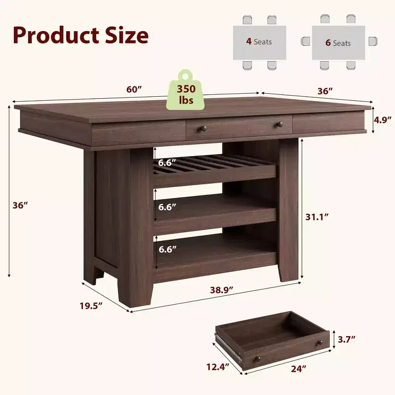 60 Counter Height Dining Table with 2 Drawers, 4-Tier Wooden Kitchen Island Table, Modern Coffee Bar Table for Kitchen, Bar & Entertaining
