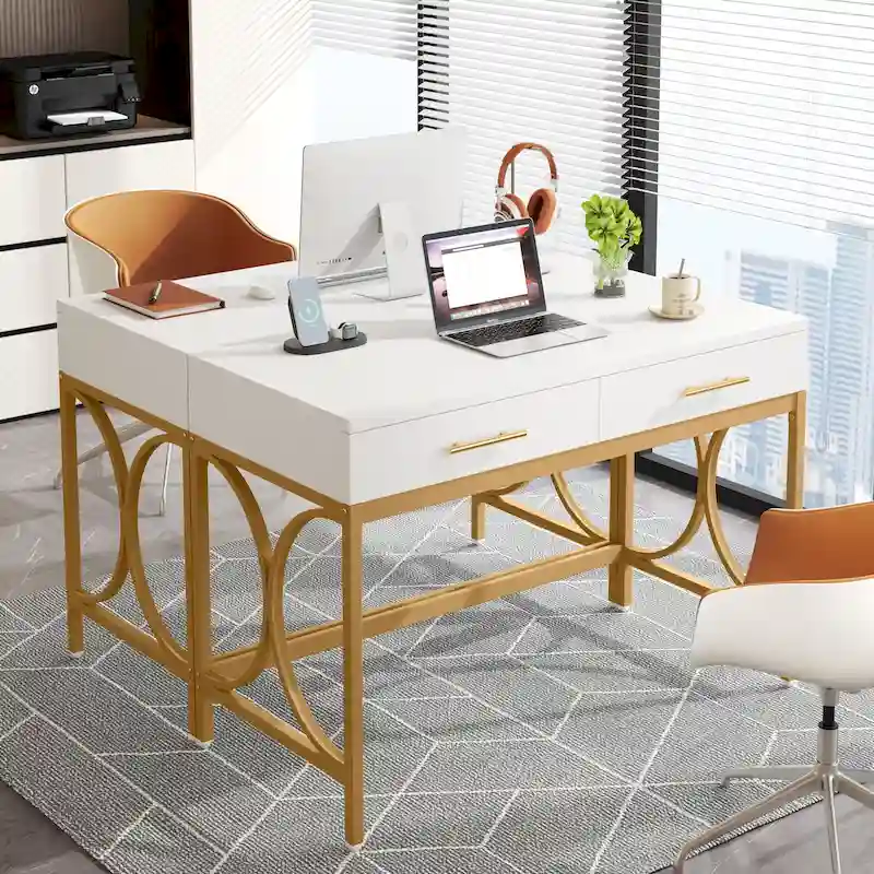 Modern Computer Writing Desk with 2 Drawers, White and Gold Home Office Desk, Makeup Vanity Table