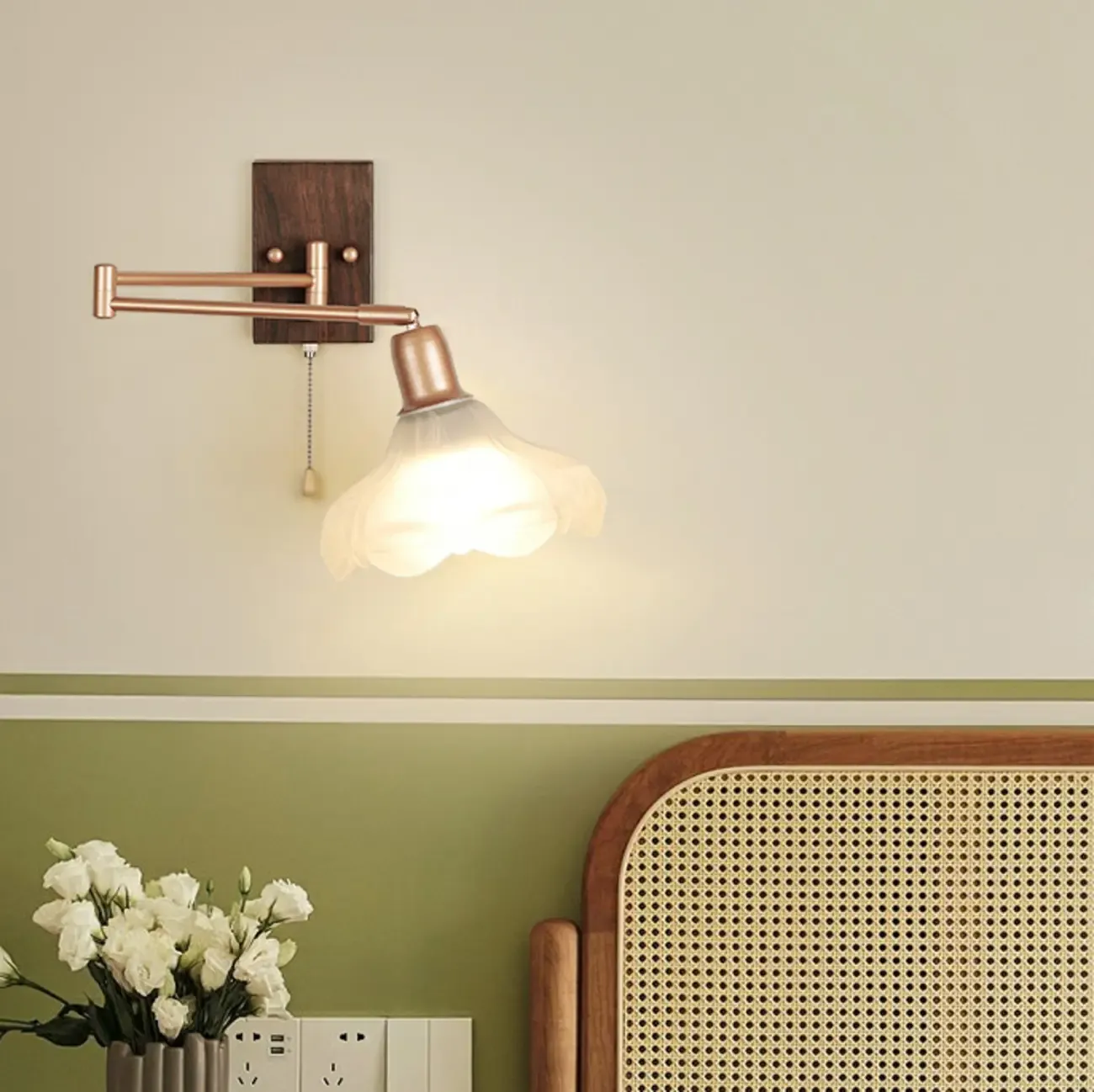 Vintage Walnut Metal Swing Arm Wall Light with Pull Chain Switch