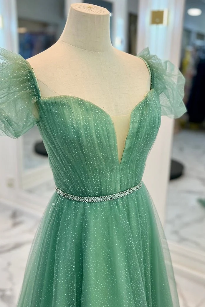 Sea Glass Tulle A-line V Neckline Off-Shoulder Long Prom Dress