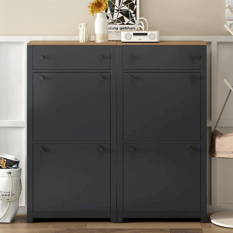 Black/White MDF Slim Shoe Cabinet with 4 Flip Drawers & Wood Grain Top, Holds 24 Pairs