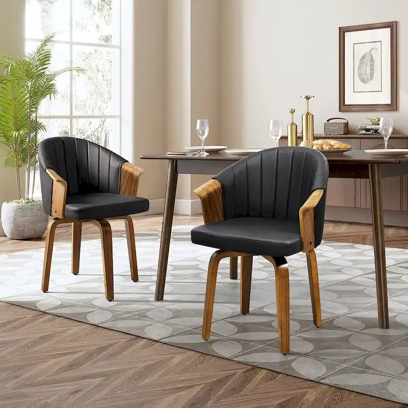 Bentwood and PU Leather Swivel Dining Chairs Set of 2