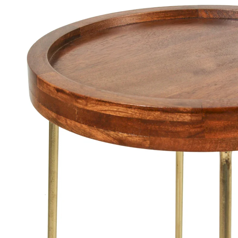 Gold Iron And Natural Wood Round Accent Table by East at Main