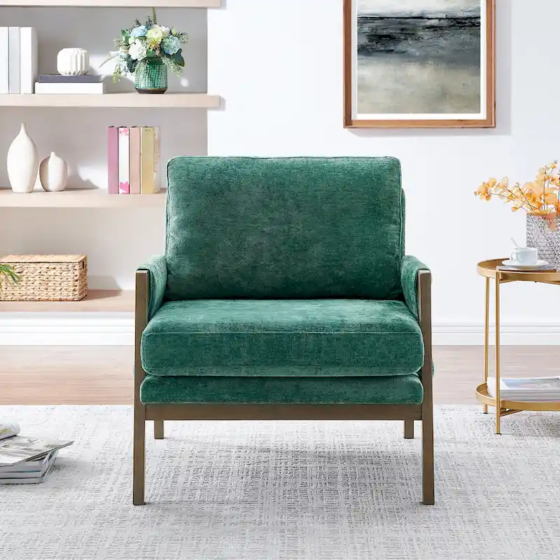 Green Velvet Armchair with Rubberwood Frame, Single Seat