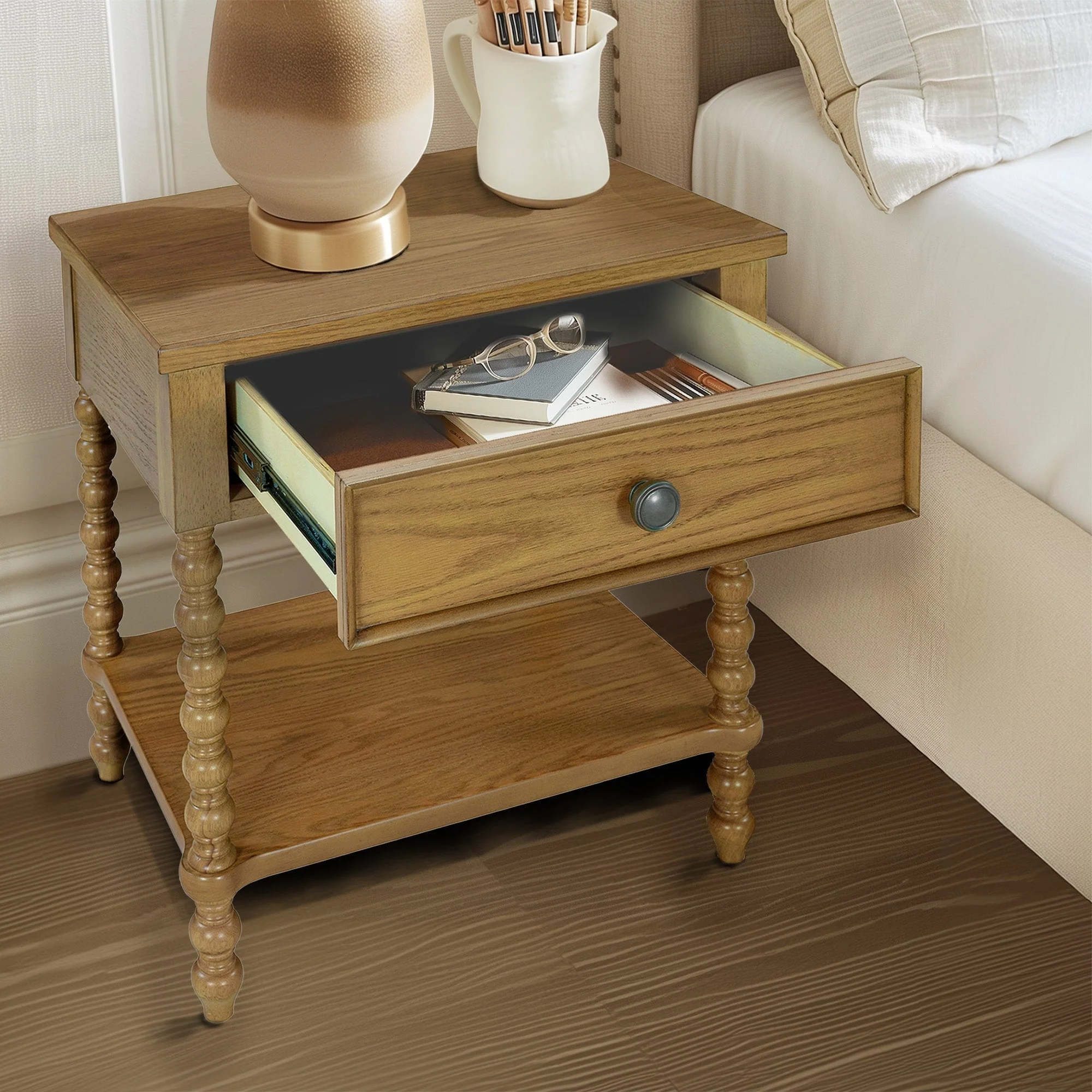 Madison Park Signature Beckett Turned Wood Spindle Nightstand with Drawer & Shelf