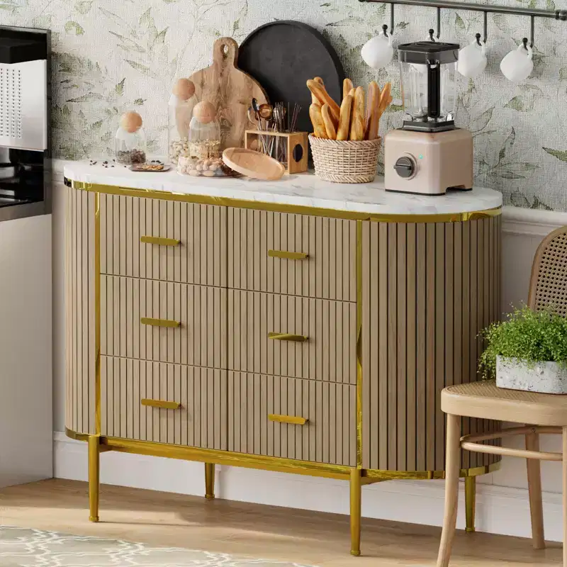 47in Wide 6 Drawer Mid Century Fluted Dresser - Metal Handles, Curved Profile & Sturdy Legs, Wooden TV Stand for Bedroom Living Room