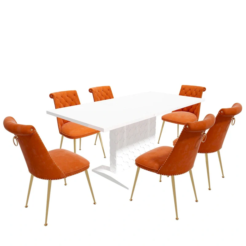 7-Piece Clihome High-gloss Extendable Table Velvet Chair Dining Set