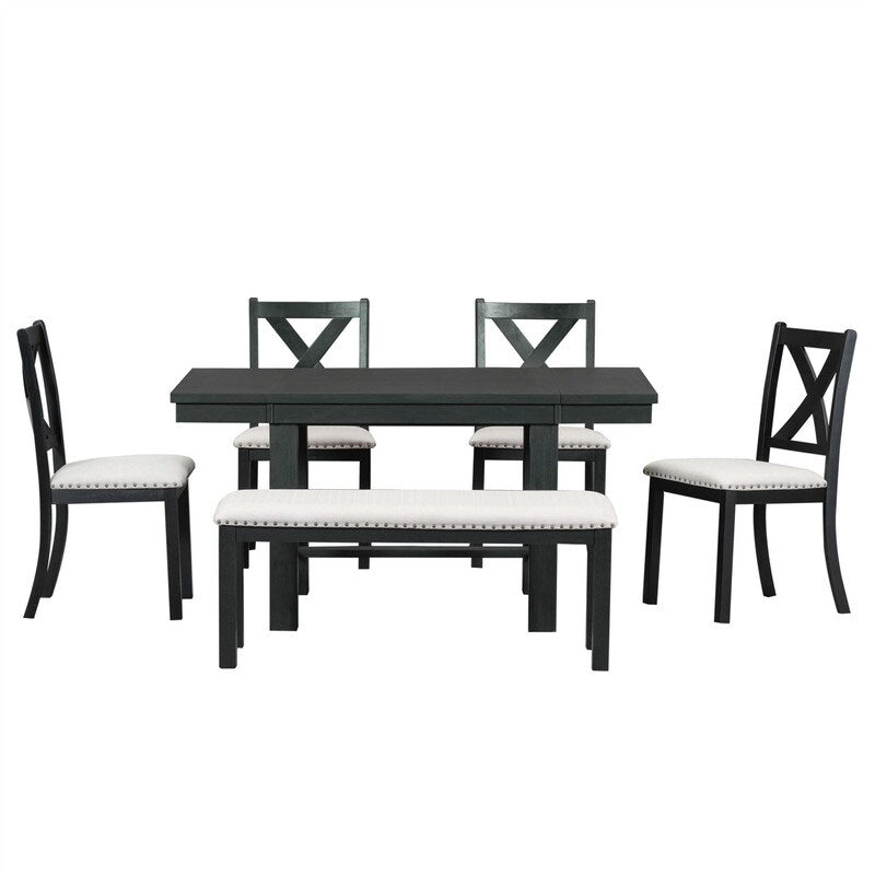 6-Piece Dining Kitchen Table Set, Extendable Wood Dining Table, 4 Upholstered Dining Chairs and Bench, Two 11 Removable Leaf