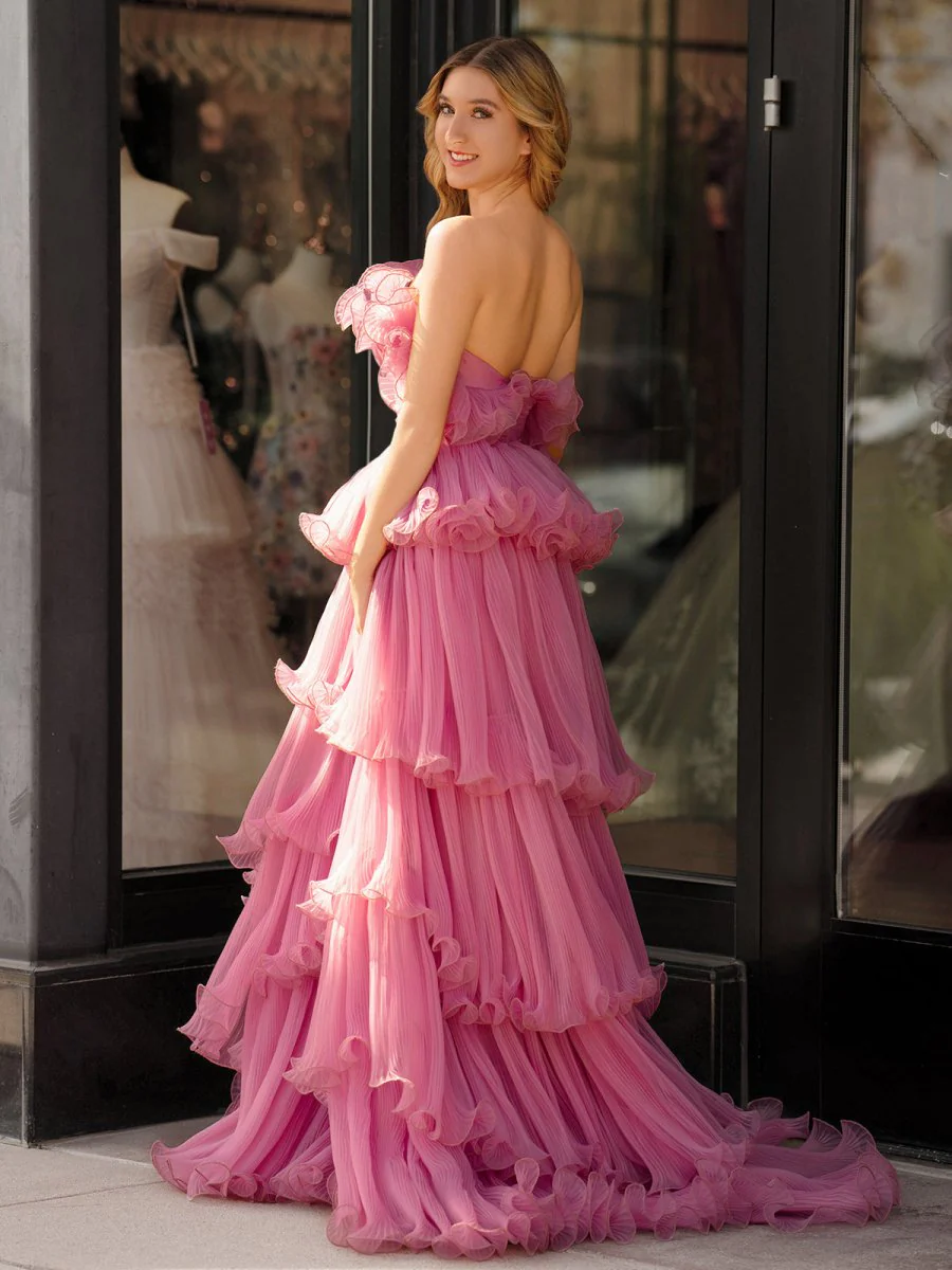 Pink Strapless A-Line Tiered Crinkled Tulle Prom Dress