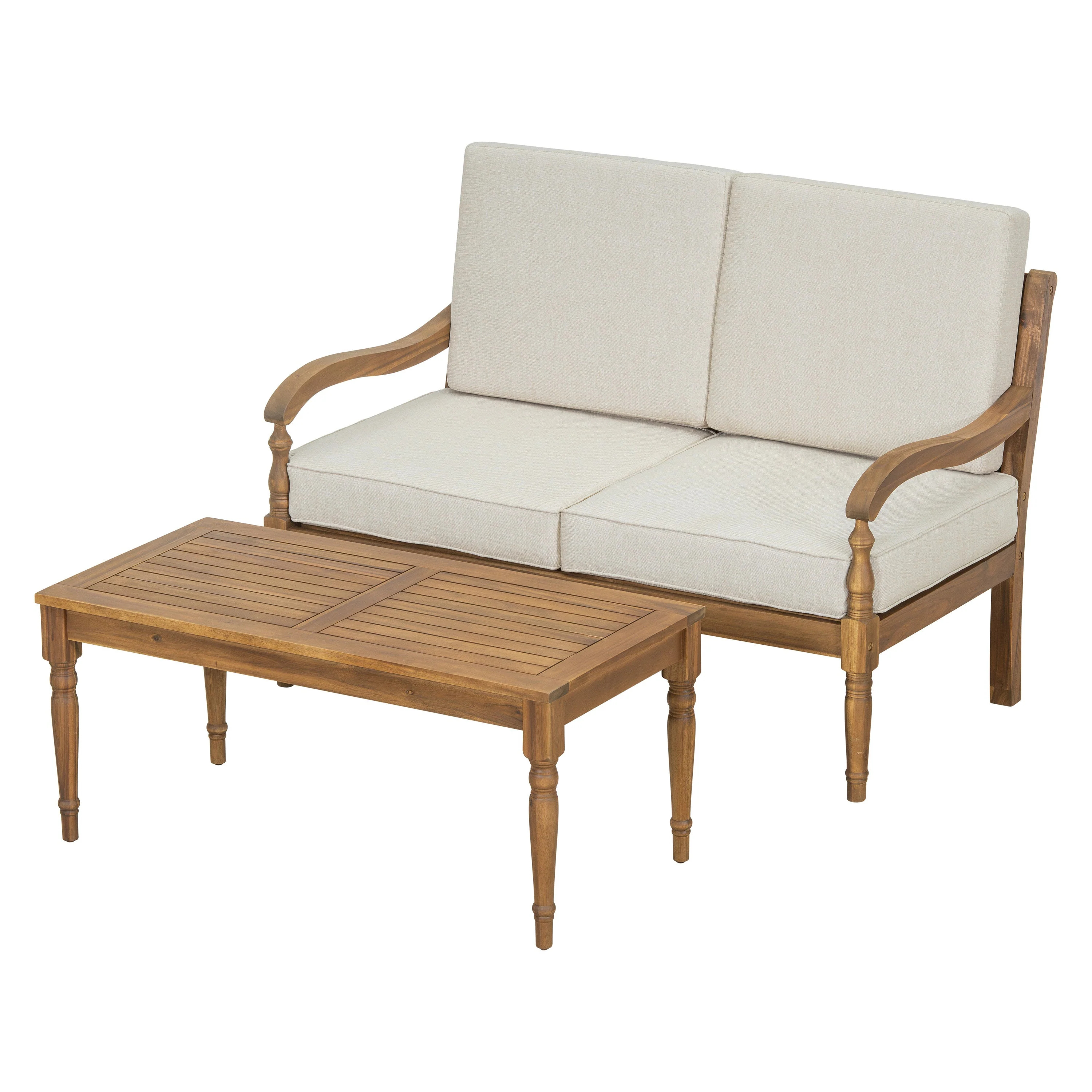 Walker Edison | Outdoor Acacia Wood 2 Piece Loveseat Sofa with Table