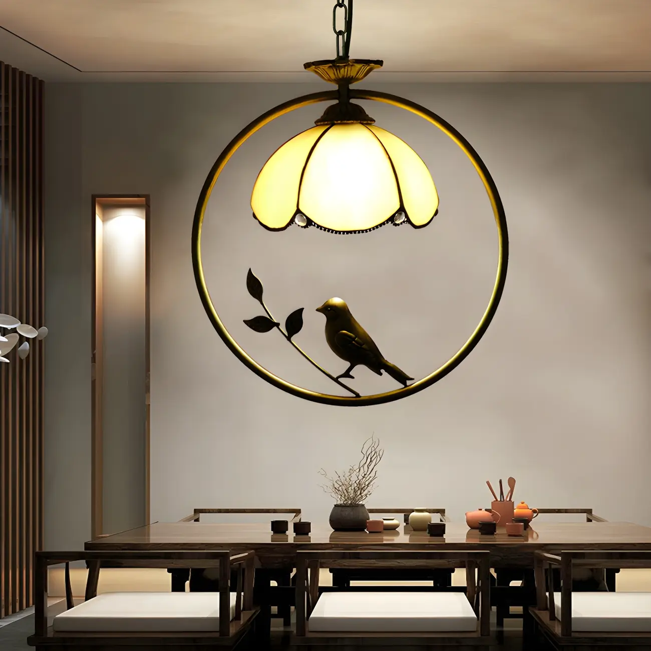 Tiffany Stained Glass Rattan Pendant Light Fixture