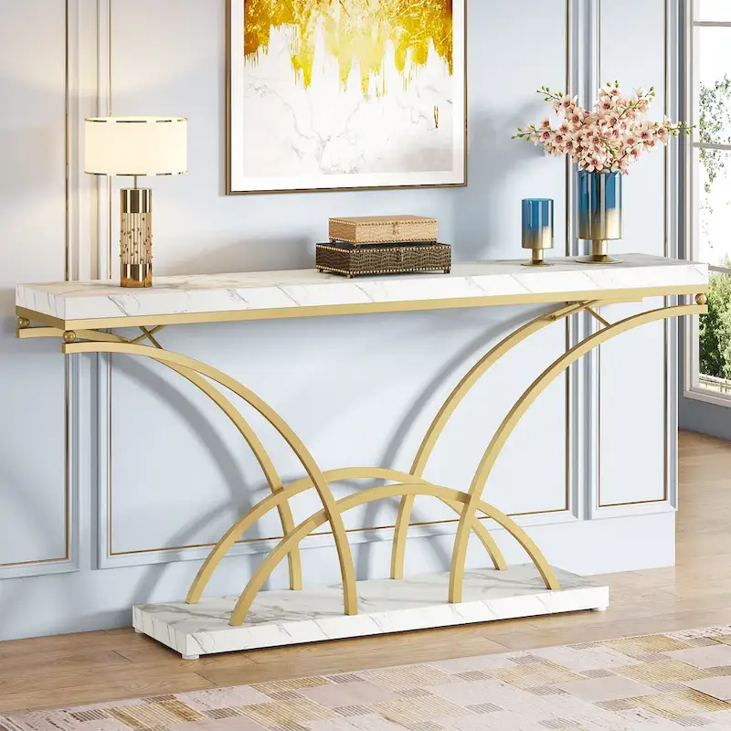 70.9 Inch Long Console Table Gold Sofa Table with White Faux Marble Tabletop for Entryway Living Room