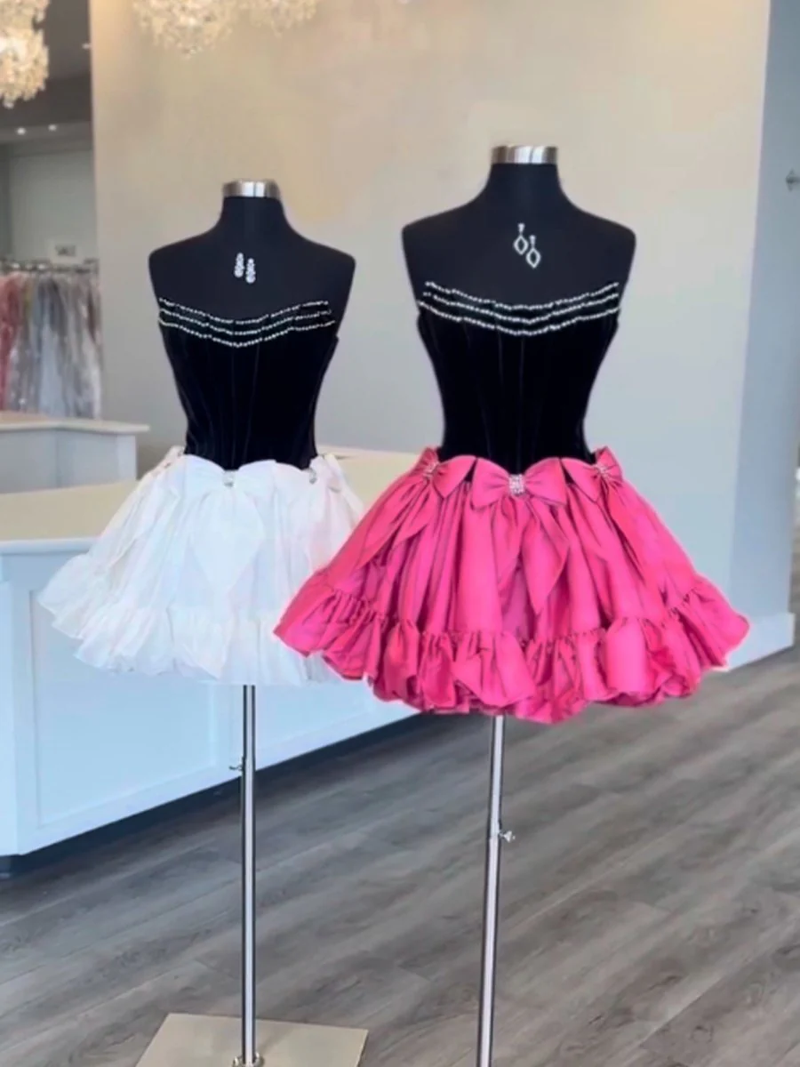 Fuchsia - Strapless A Line Velvet Homecoming Dresses With Bow