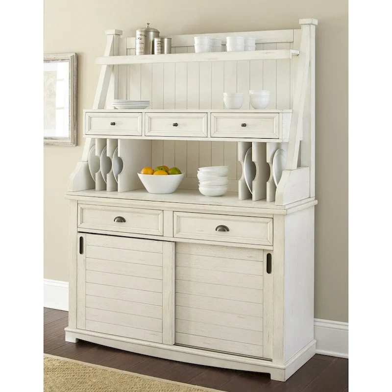 Farmhouse Distressed Antique White Buffet & Hutch with Sliding Doors