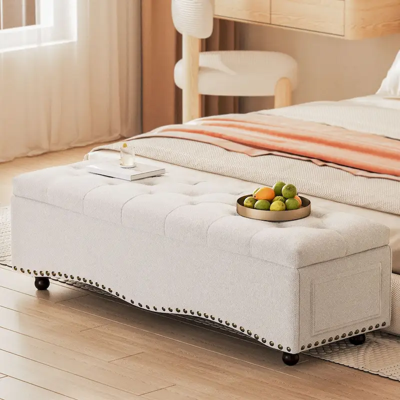 48.5 Tufted Storage Ottoman Bench with Nailhead Trims & 2 Large Side Pockets for Bedroom, Living Room, Entryway