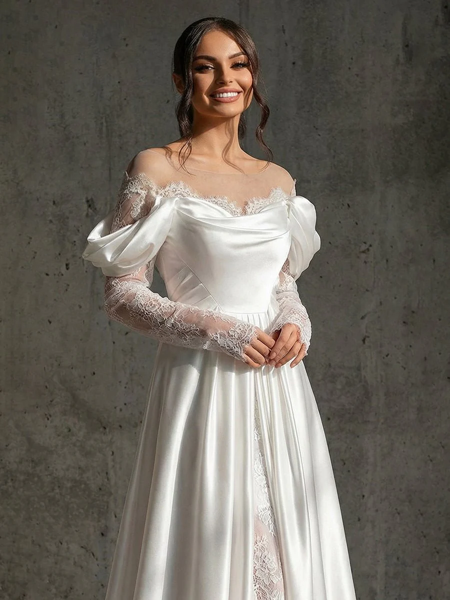 Mermaid Off-the-Shoulder Satin Lace Wedding Dress with Slit