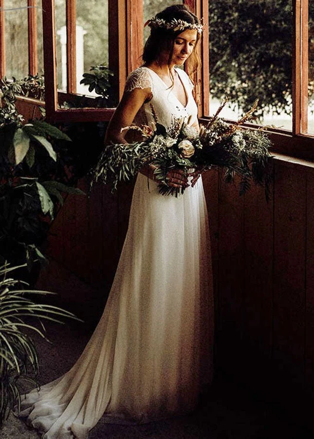 Chiffon V-Neck Short-Sleeve Wedding Dresses Cutout Back Bridal Gowns