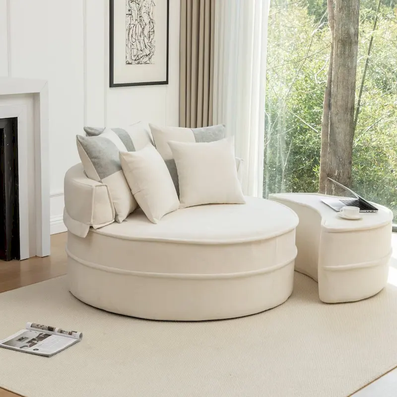 Modern Round Barrel Accent Chair with Ottoman - Velvet Lounge Sofa