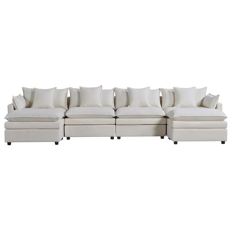 White 142.52  U-Shaped 6 Seater Sectional Sofa with Convertible Chaise and Ottomans, Spacious Cloud Couch