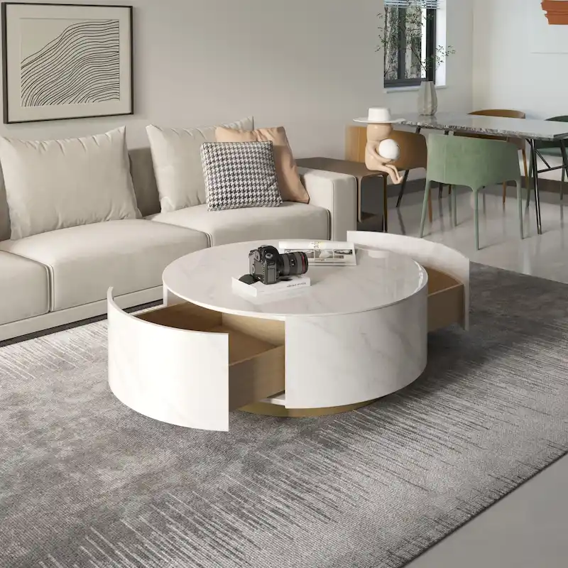 Modern Marble Top Round Coffee Table with Metal Base and 2 Drawers