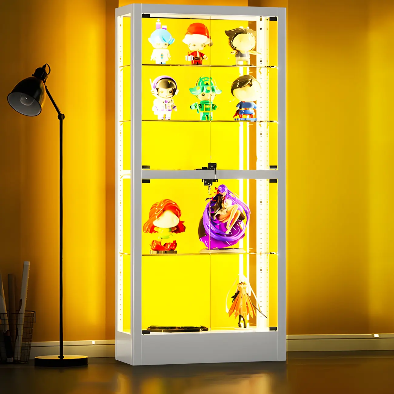 Adjustable Shelves White Glass Locking Curio Cabinet