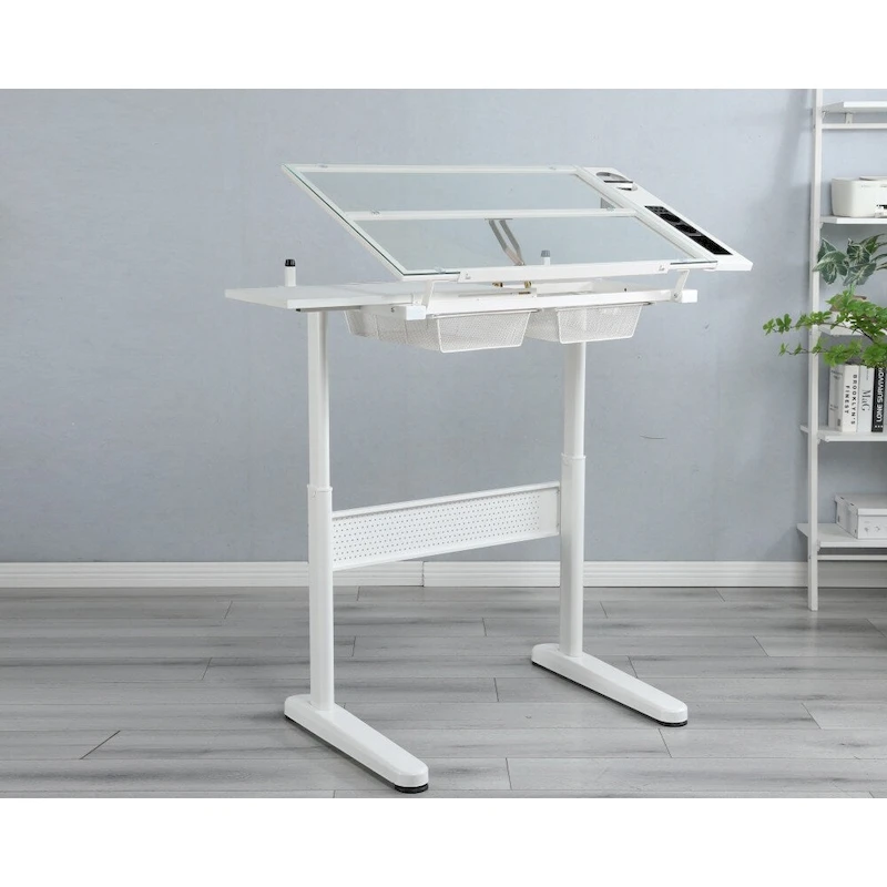 Hand Crank Adjustable Drafting Drawing Table with Stool and 2 Drawers